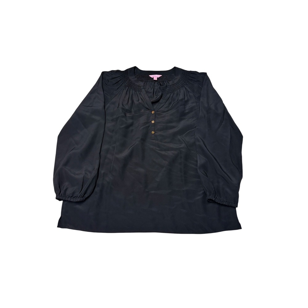 Lilly Pulitzer Black 100% Silk Smocked Split Neck Blouse Womens Medium 46456